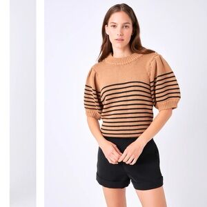 Brown Women Knitted Sweater Striped Preppy Academia Puff‎ Sleeve Office Casual S